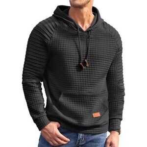 Mens Hoodie Pullover Waffle Knit Long Sleeve Drawstring Kanga Pocket Sweatshirt